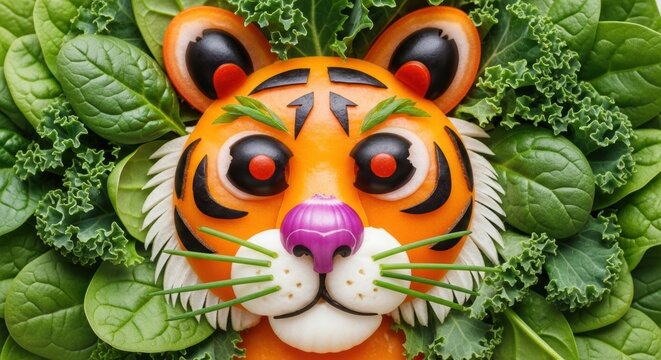 Tiger face food art with vegetables and greens