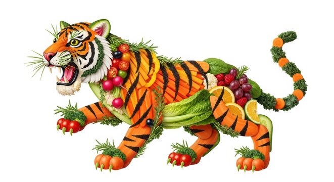 Tiger made of fruits and vegetables. Creative food art.