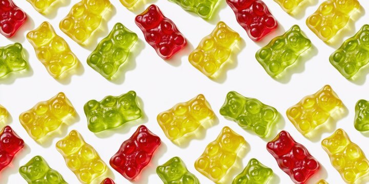 A pattern of colorful gummy bears arranged in a grid, featuring red, green, and yellow candy bears isolated on white background