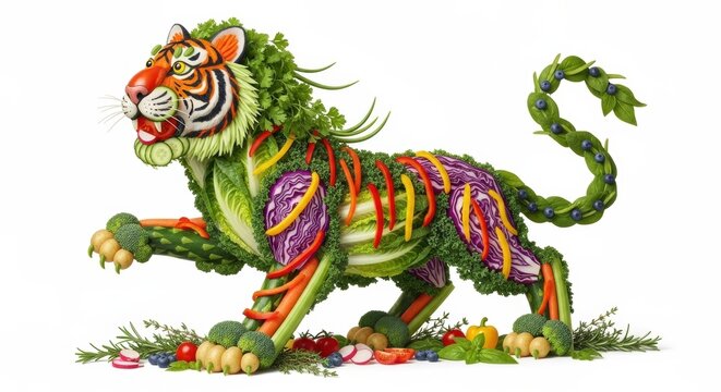Tiger made of vegetables, healthy food art concept