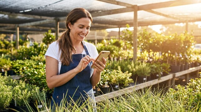 Smiling woman using smartphone while standing amidst rows of plants in a sunlit nursery