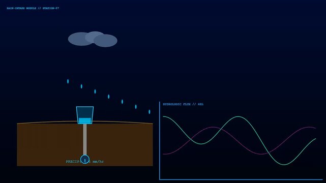 Digital rain intake module featuring soil sensors monitoring hydrologic flux with changing graphs in a dark virtual interface displaying environmental data trends over time periods