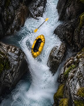 Whitewater packraft tumbling through narrow mountain gorge water with paddle suspended airborne in wild motion