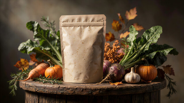 Rustic autumnal product mockup with blank paper bag, fall harvest still life for eco-friendly branding