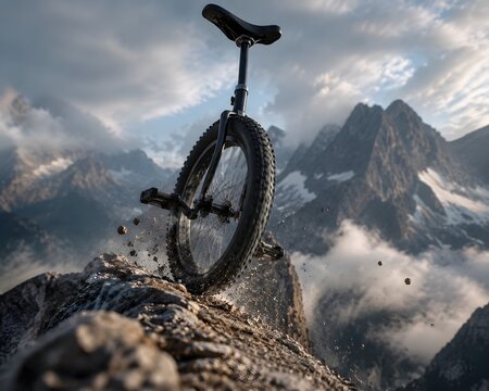 Mountain Unicycle Bouncing Across Narrow Ridge with Spinning Tire Flying Gravel Extreme Adventure Action Scene