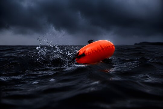 Open-water swim buoy cutting through rough black water without swimmer dramatic ocean survival concept isolated