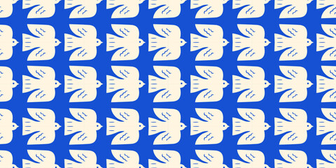 Obraz premium Abstract bird animal shape seamless pattern. Contemporary art flat cartoon background, simple birds flying in bright blue sky colors. 