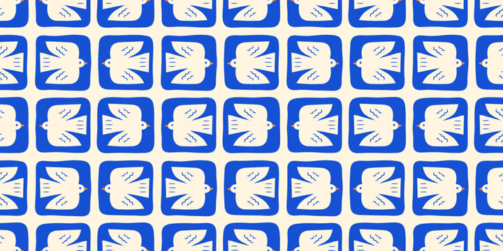 Abstract bird chckered square shape seamless pattern. Mosaic patchwork art flat cartoon background, geometric birds flying in bright blue color. 