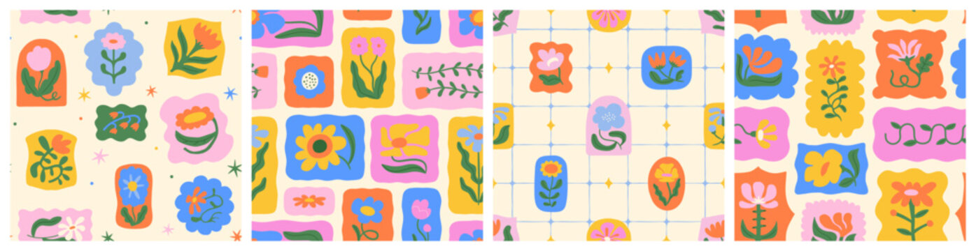 Colorful floral seamless pattern illustration set. Vintage style flower patchwork background design collection. Geometric frame wallpaper print, spring season nature backdrop texture with flowers.