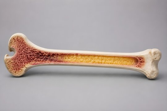Bone marrow red and yellow regions within adult long bone cutaway anatomically precise illustration isolated