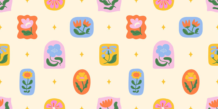 Colorful floral seamless pattern illustration. Vintage style flower patchwork background design. Geometric frame wallpaper print, spring season nature backdrop texture with daisy flowers.