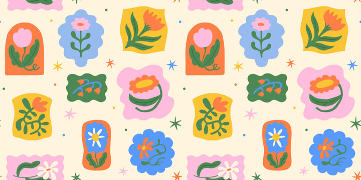 Colorful floral seamless pattern illustration. Vintage style flower patchwork background design. Geometric frame wallpaper print, spring season nature backdrop texture with daisy flowers.