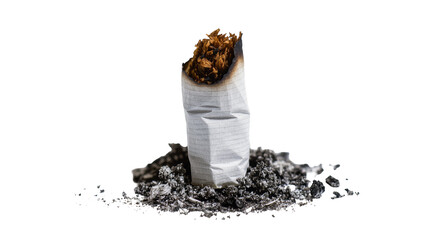 Isolated used cigarette butt with burnt paper, loose tobacco, and grey ash debris © Diego