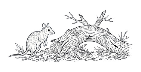 Bandicoot and Fallen Tree Line Art Illustration © Dodol Creative Stock