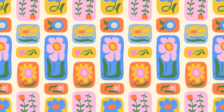 Colorful floral seamless pattern illustration. Vintage style flower patchwork background design. Geometric frame wallpaper print, spring season nature backdrop texture with daisy flowers.