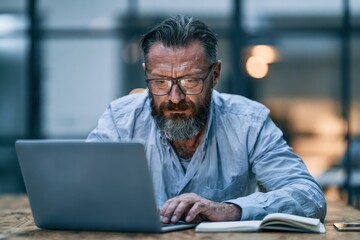 Fototapeta premium Concentrated mature man with glasses and beard typing on a laptop at a desk in a dimly lit office