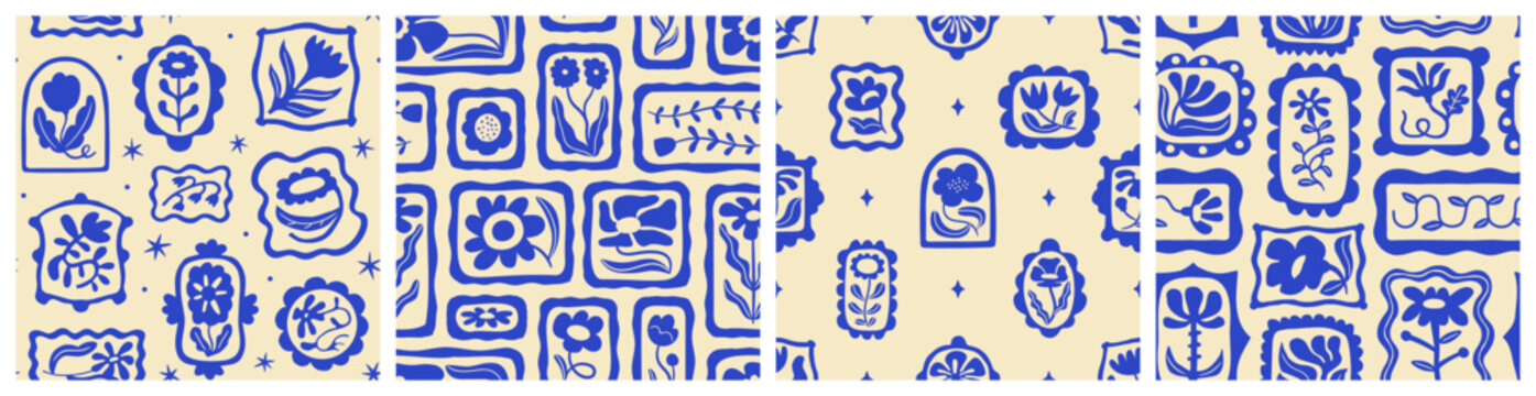Blue floral seamless pattern illustration set. Vintage style flower frame background design collection. Geometric natural wallpaper print, spring season nature backdrop texture with flowers.