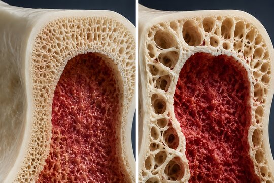 Bone Marrow Osteoporotic Bone Crosssection Enlarged Trabecular Spaces Reduced Density Surrounding Red Marrow Anatomy Illustration