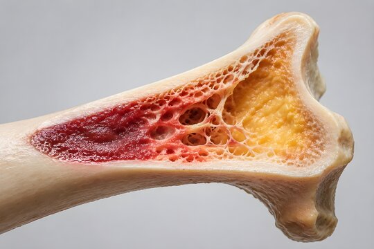 Bone Marrow Cutaway Long Bone Revealing Red Yellow Marrow Trabecular Anatomy Scientific Visualization Detail Realism