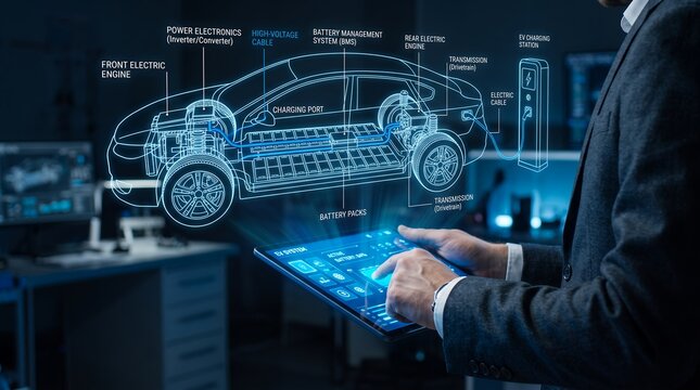 Holographic blueprint displays internal components of an electric vehicle including battery packs power electronics and charging station viewed on a tablet by a businessman