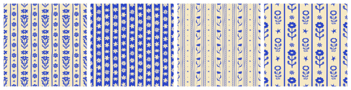 Vintage blue flower art seamless pattern illustration set. Retro nature floral background in hand drawn style. Spring season decoration texture, nature textile drawing print collection.