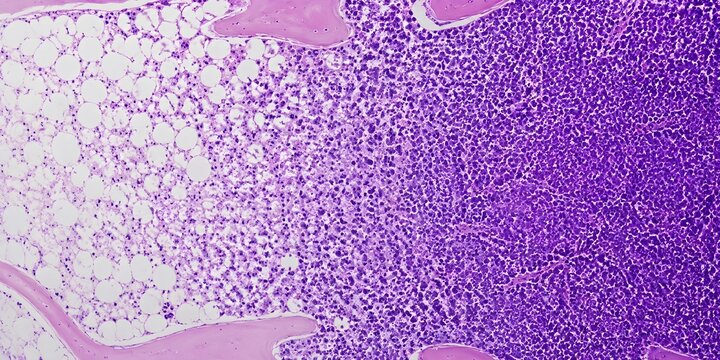 Bone marrow disease progression visual demonstrating gradually increasing abnormal cellular density across continuous tissue field
