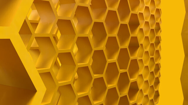 Golden Honeycomb Maze with Layered Hexagonal Pattern 3d render.