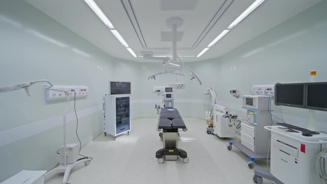 Modern Empty Operating Room with Surgical Table Lights and C-Arm Equipment 4K