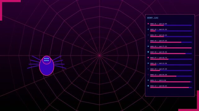 Threat hunting concept visualized through glowing digital arachnids moving across a dark web interface with streaming data logs shown in this synchronized motion graphic animation