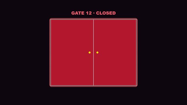 Gate 12 closed sign animation with red doors opening and closing motion for airport or industrial security access control systems 4k