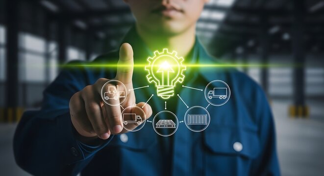 Engineer pointing at digital glowing light bulb with industrial icons representing smart manufacturing and logistics innovation in a warehouse