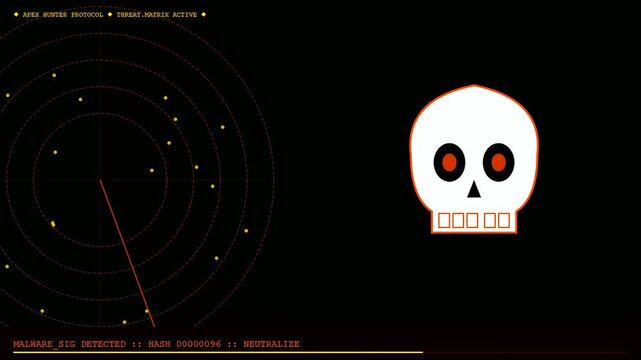 Threat hunting interface displaying circular radar patterns with light dots while stylized skull icons appear on a dark screen during a simulated digital security assessment scan