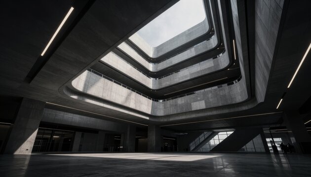 Modern Brutalist Architecture Interior with Atrium Skylight