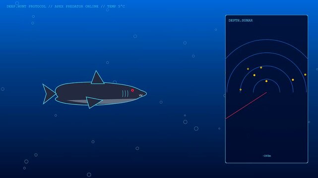A visual threat hunting sequence displays a digital shark moving through deep blue ocean waters while a circular sonar screen detects objects near its current depth