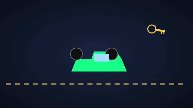 Green car driving toward golden key animation: concept of success, travel, and financial goals 4k