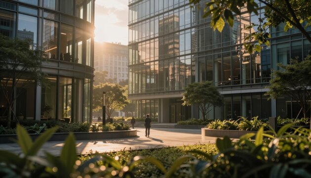 Modern Corporate Office Courtyard at Golden Hour