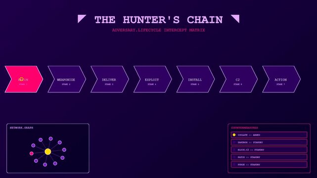 a cyber threat hunting process animation displays digital workflows moving through multiple security stages with nodes and connected lines on a dark purple screen