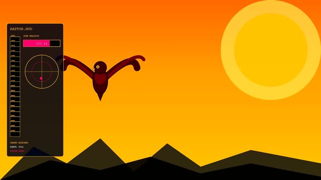 Threat hunting digital interfaces depict a predatory bird silhouette tracking motion across a vibrant sunset sky while flight velocity metrics descend within a modern radar sensor display