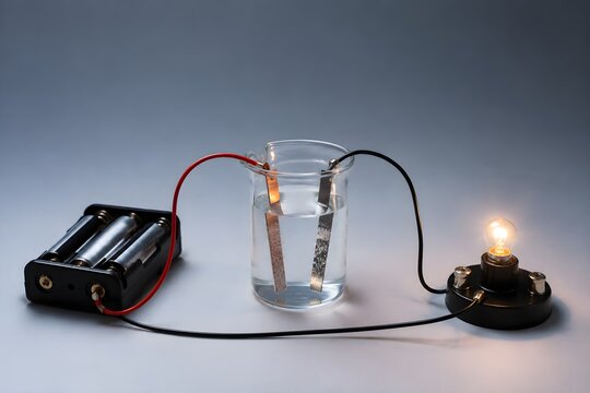 Simple circuit chemistry experiment with battery holder wire leads lamp electrolyte beaker educational setup isolated