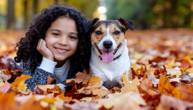 Happy Child with Dog Playing in Autumn Leaves at Sunset