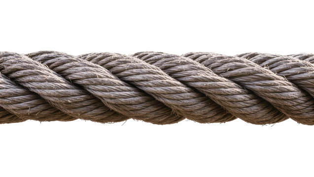 Isolated close-up of heavy duty old weathered natural fiber rope with detailed texture.