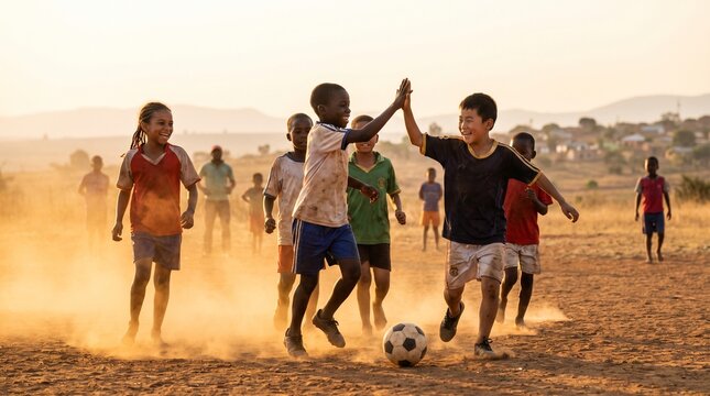 Happy children playing football together on a dusty field during golden hour
