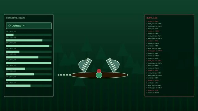 Threat hunting interface displaying rhythmic mechanical trap activations alongside streaming digital logs shown in a dark green graphical console screen with evolving metrics and data