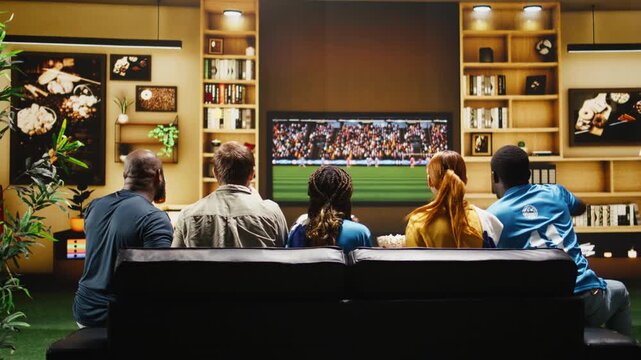 Soccer supporters watch a live game on TV in the living room while football fans react with loud supporter energy during a weekend evening broadcast.