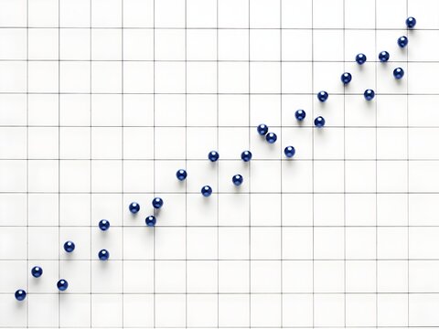 Positive correlation concept with beads forming upward diagonal pattern across blank grid demonstrating growth clearly