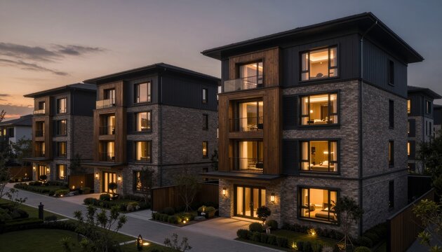 Modern Multi-Story Stone Apartment Buildings at Dusk