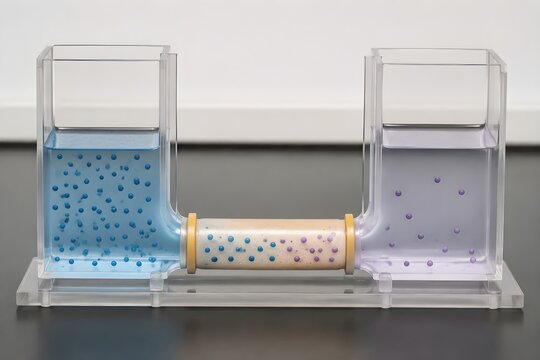 Osmosis classroom model featuring semipermeable tubing and two solution chambers on clean laboratory bench isolated