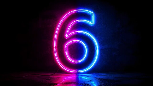 Neon number glowing in a dark setting with wet floor reflection