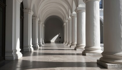 Obraz premium Neoclassical Colonnade Corridor with Arched Ceiling and Sunlight