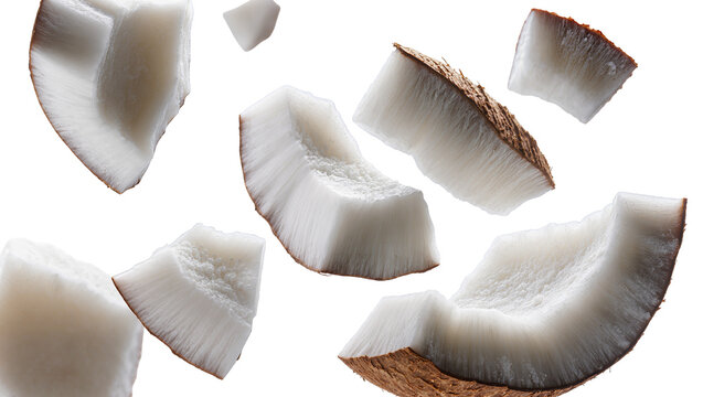 Isolated fresh coconut pieces with shell flakes falling, healthy tropical snack ingredient